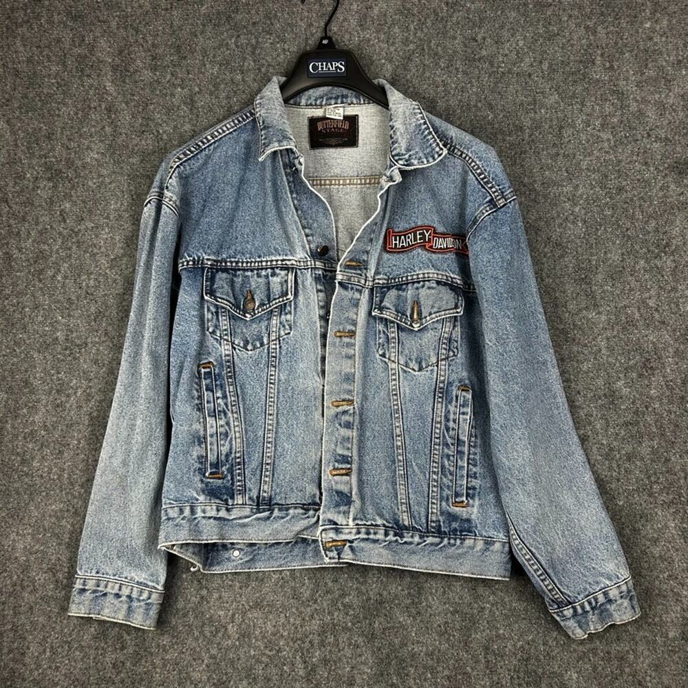 Vtg Butterfield Stage Denim Jacket L 100% Cotton Jean Coat Harley Davidson Logo
